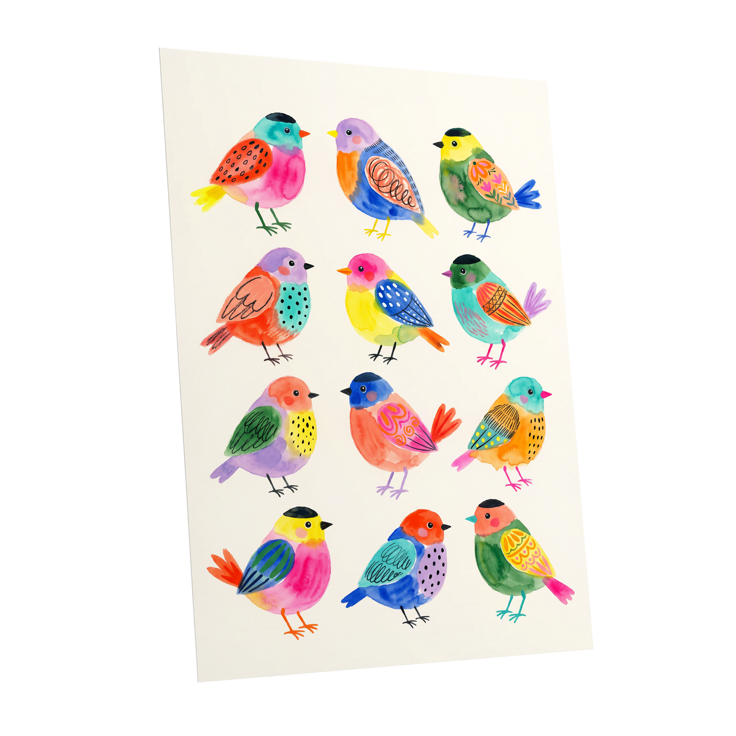 Festival Flock, multicolor, pink, blue nature wall art shown as a unframed poster wall art print