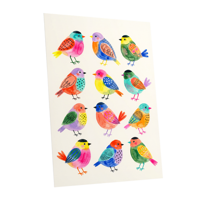 Festival Flock, multicolor, pink, blue nature wall art shown as a unframed poster wall art print