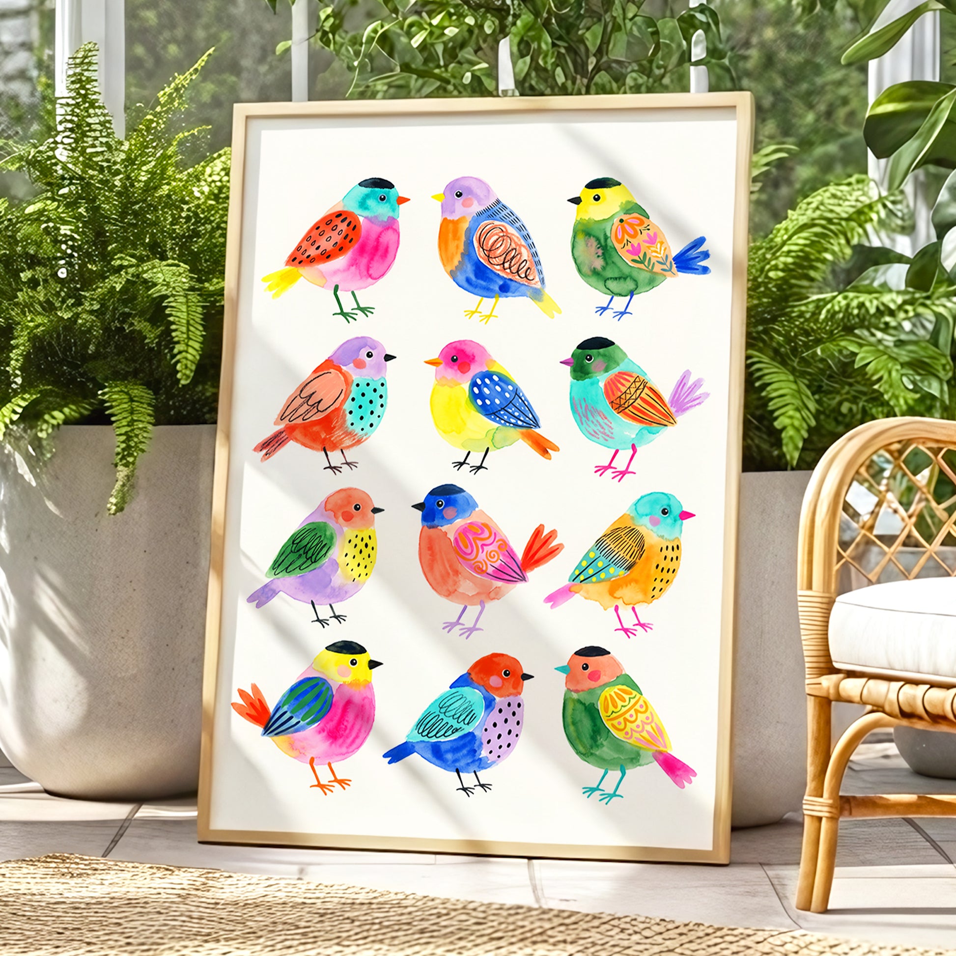 Festival Flock, multicolor, pink, blue nature wall art displayed in a styled interior, gallery view 2