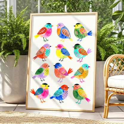 Festival Flock, multicolor, pink, blue nature wall art displayed in a styled interior, gallery view 2