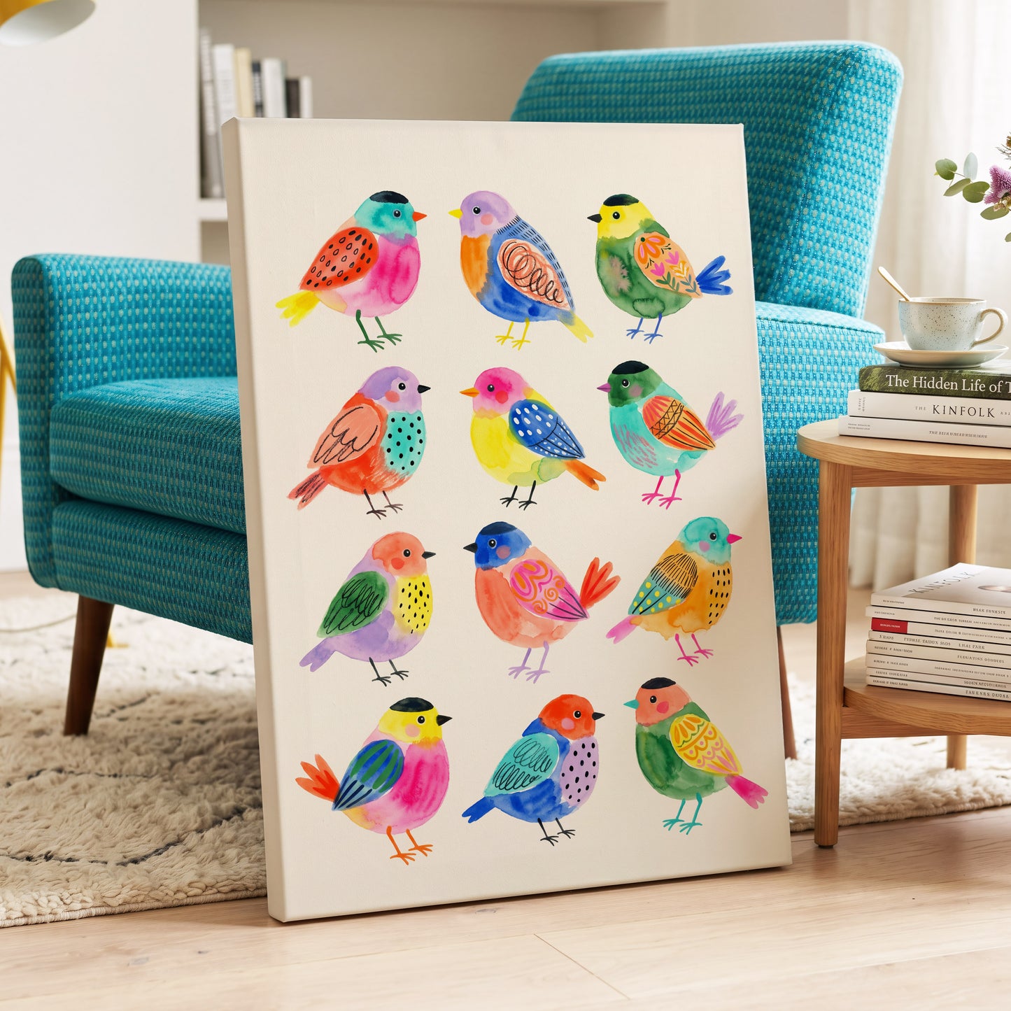 Festival Flock, multicolor, pink, blue nature wall art displayed in a styled interior, gallery view 3