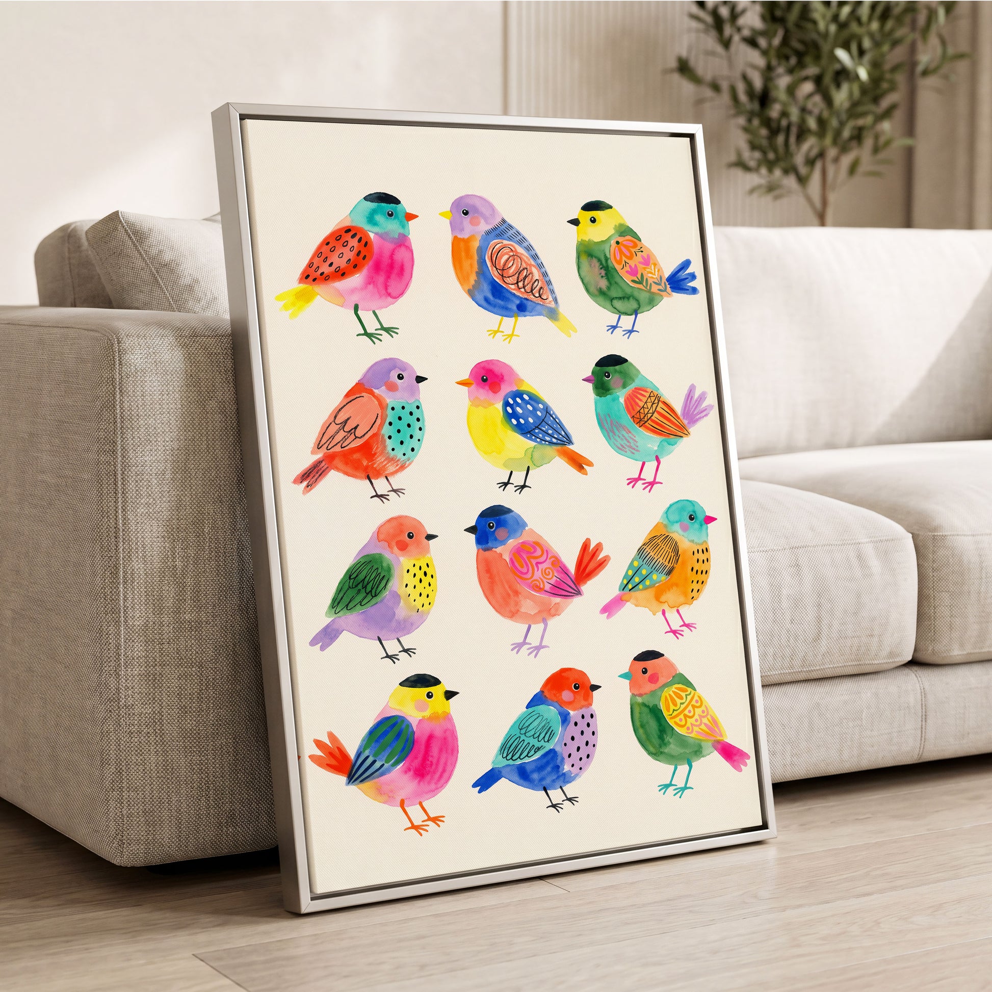 Festival Flock, multicolor, pink, blue nature wall art displayed in a styled interior, gallery view 4