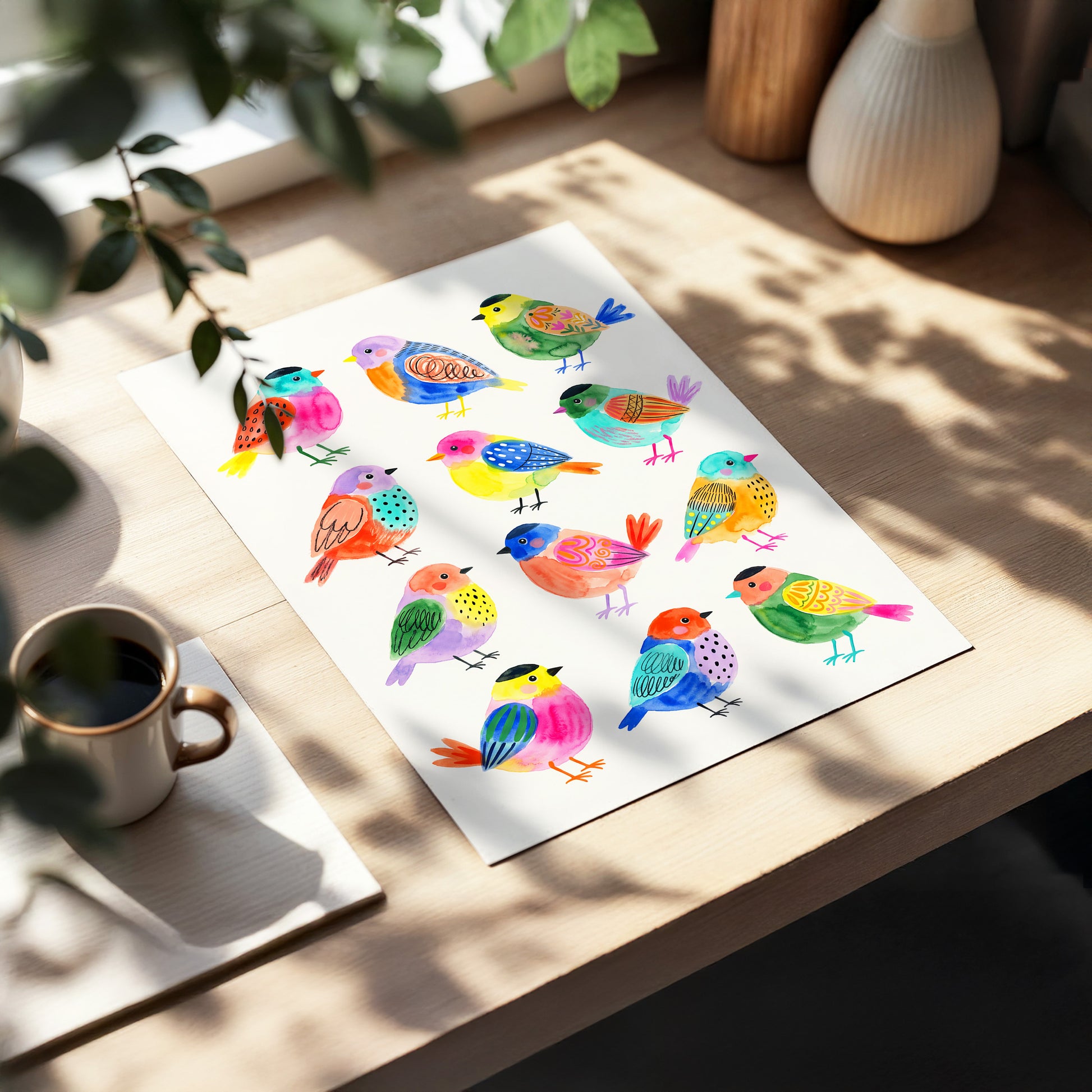 Festival Flock, multicolor, pink, blue nature wall art displayed in a styled interior, gallery view 5