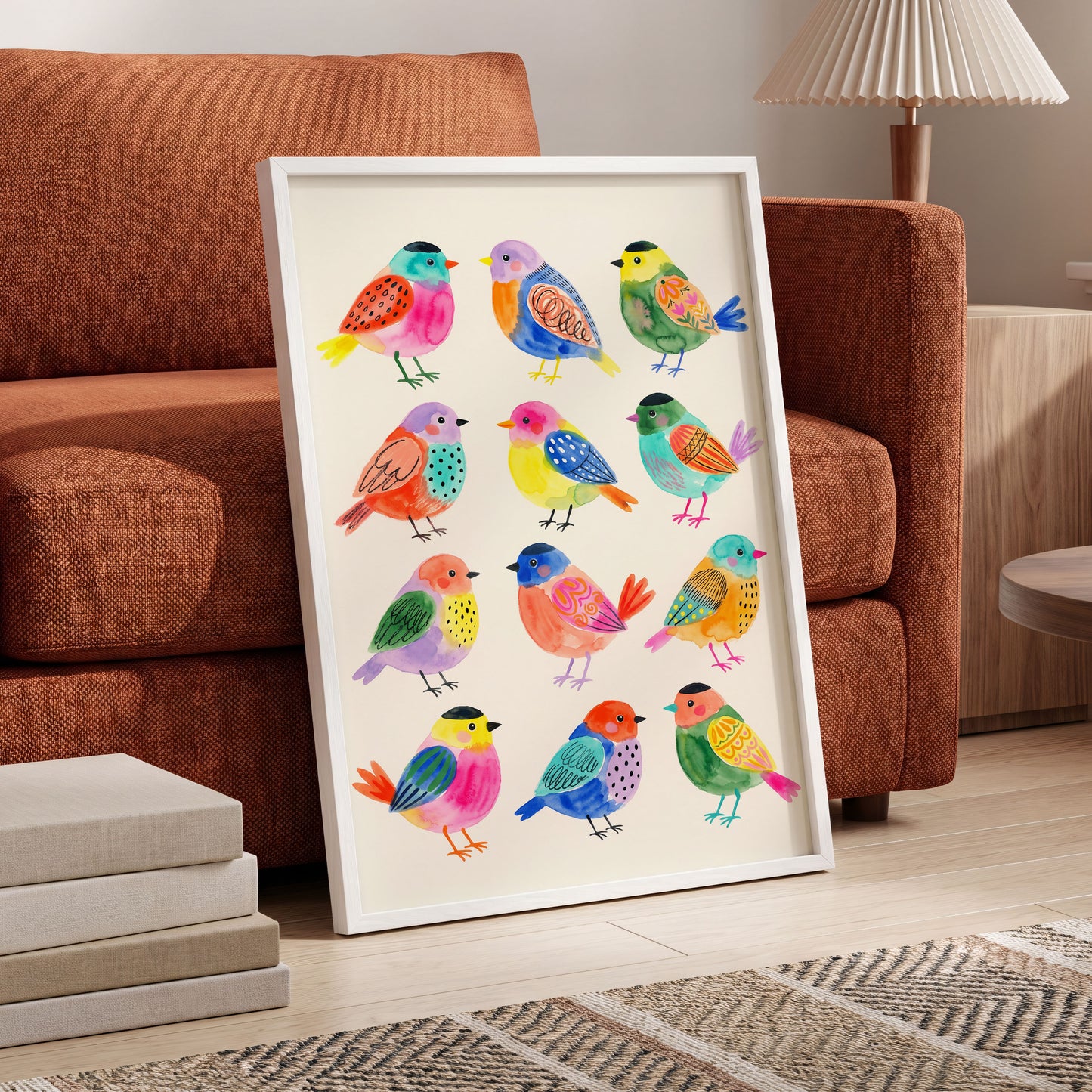 Festival Flock, multicolor, pink, blue nature wall art displayed in a styled interior, gallery view 6
