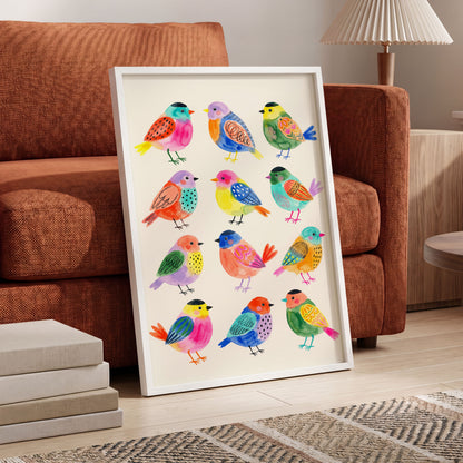 Festival Flock, multicolor, pink, blue nature wall art displayed in a styled interior, gallery view 6