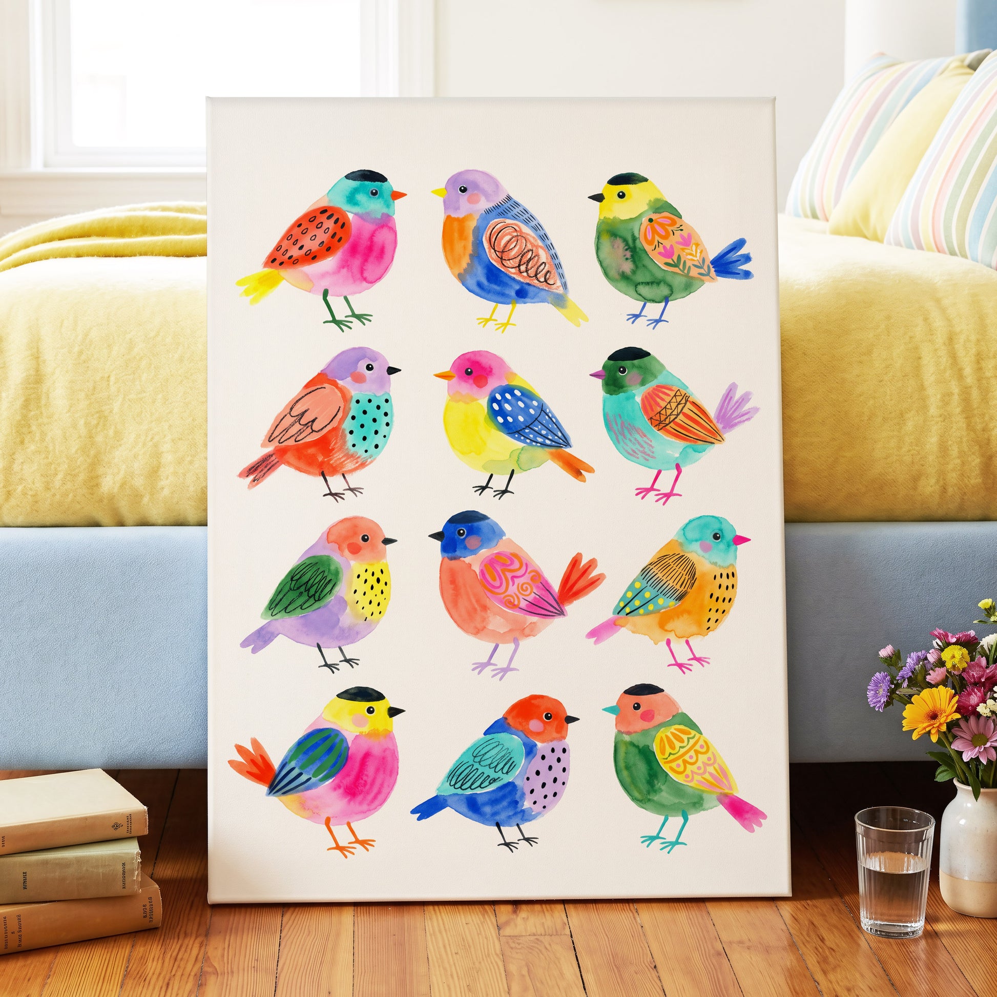 Festival Flock, multicolor, pink, blue nature wall art displayed in a styled interior, gallery view 7
