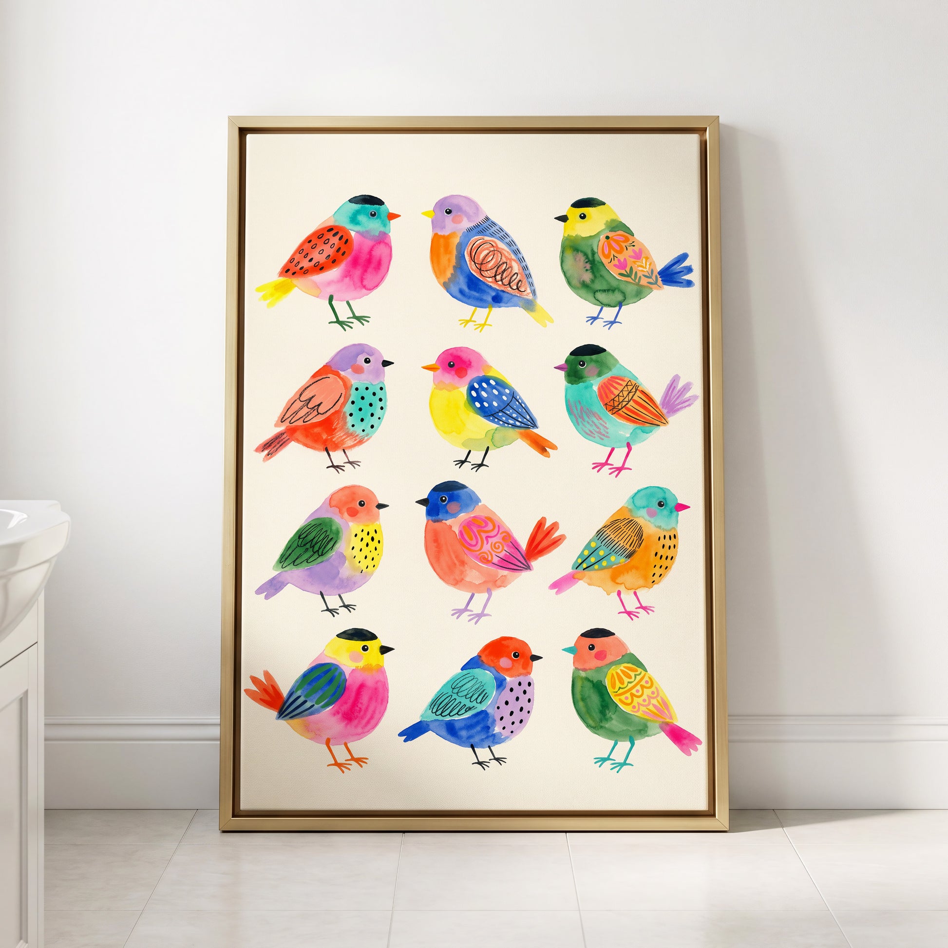 Festival Flock, multicolor, pink, blue nature wall art displayed in a styled interior, gallery view 8
