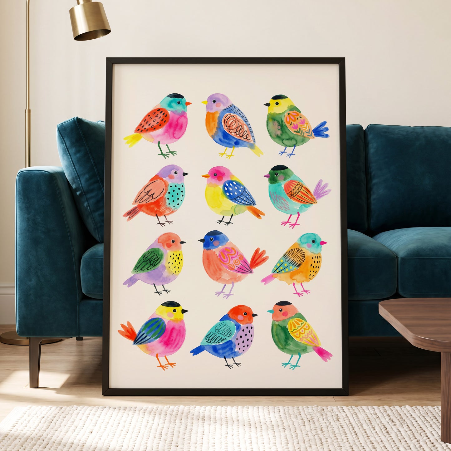 Festival Flock, multicolor, pink, blue nature wall art displayed in a styled interior, gallery view 9