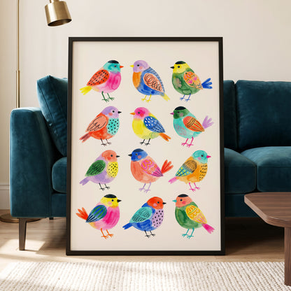 Festival Flock, multicolor, pink, blue nature wall art displayed in a styled interior, gallery view 9