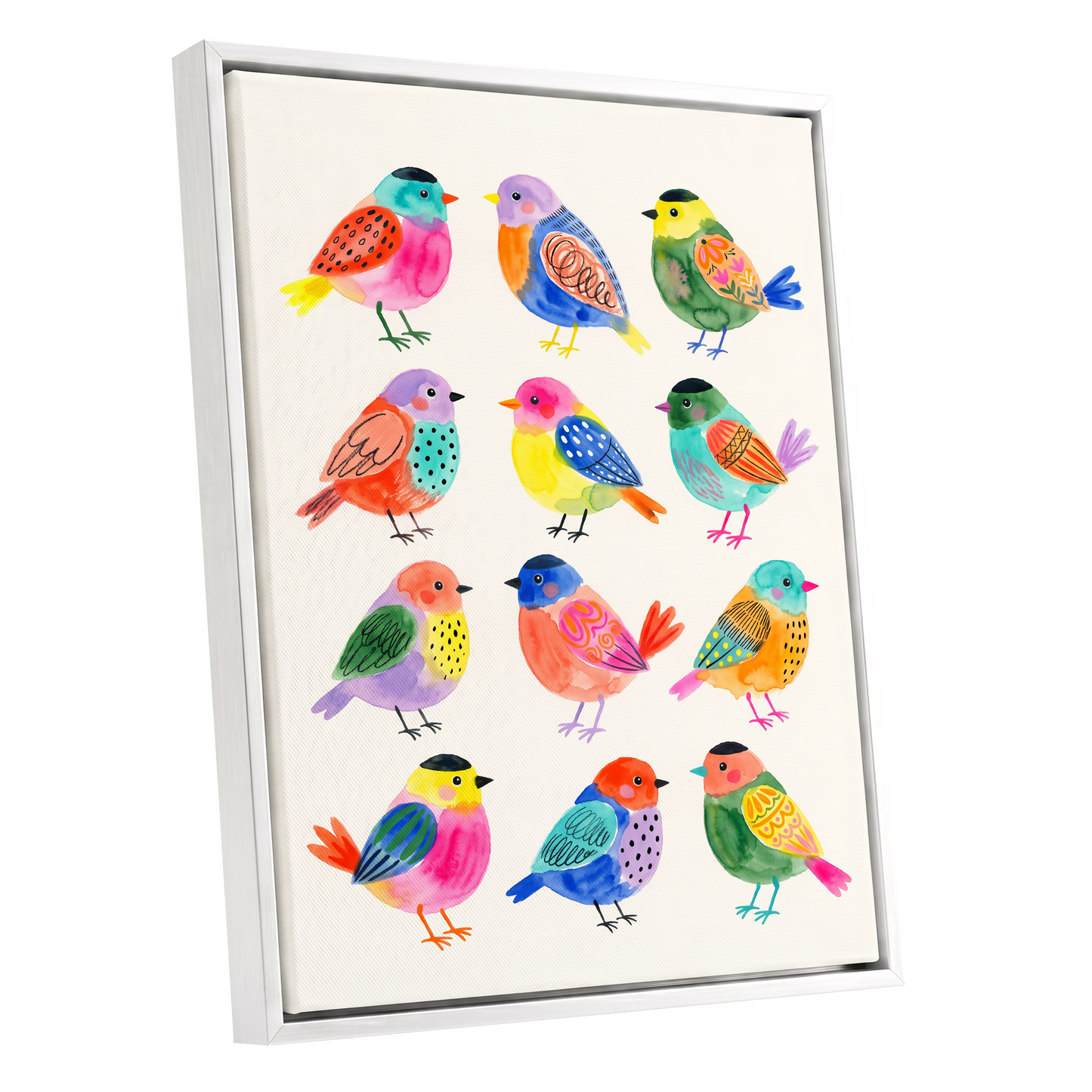 Festival Flock, multicolor, pink, blue nature wall art shown as a white framed canvas wall art
