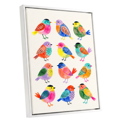 Festival Flock, multicolor, pink, blue nature wall art shown as a white framed canvas wall art