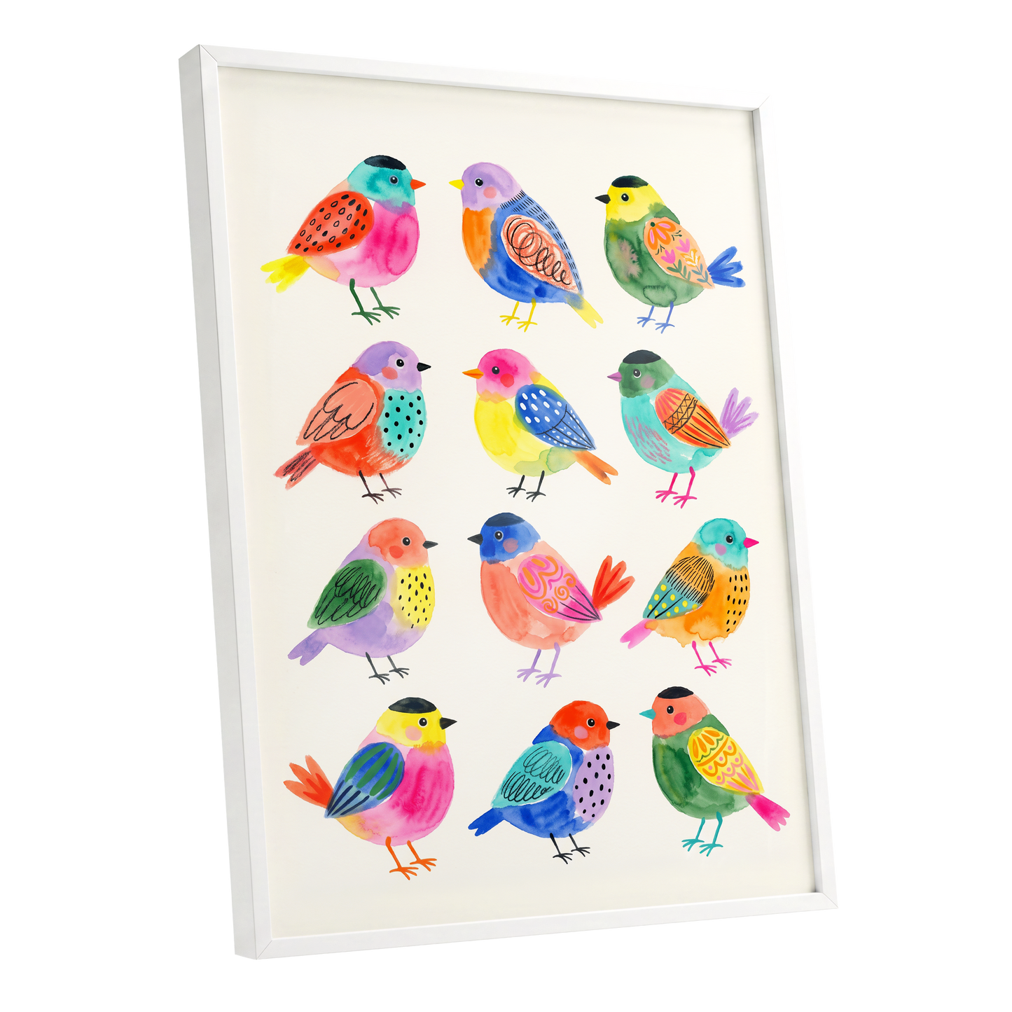 Festival Flock, multicolor, pink, blue nature wall art shown as a white framed poster wall art print