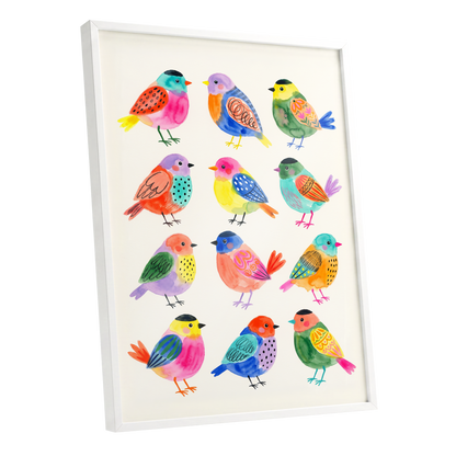 Festival Flock, multicolor, pink, blue nature wall art shown as a white framed poster wall art print