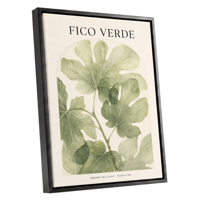 Fico Verde Study, green, beige nature wall art shown as a black framed canvas wall art
