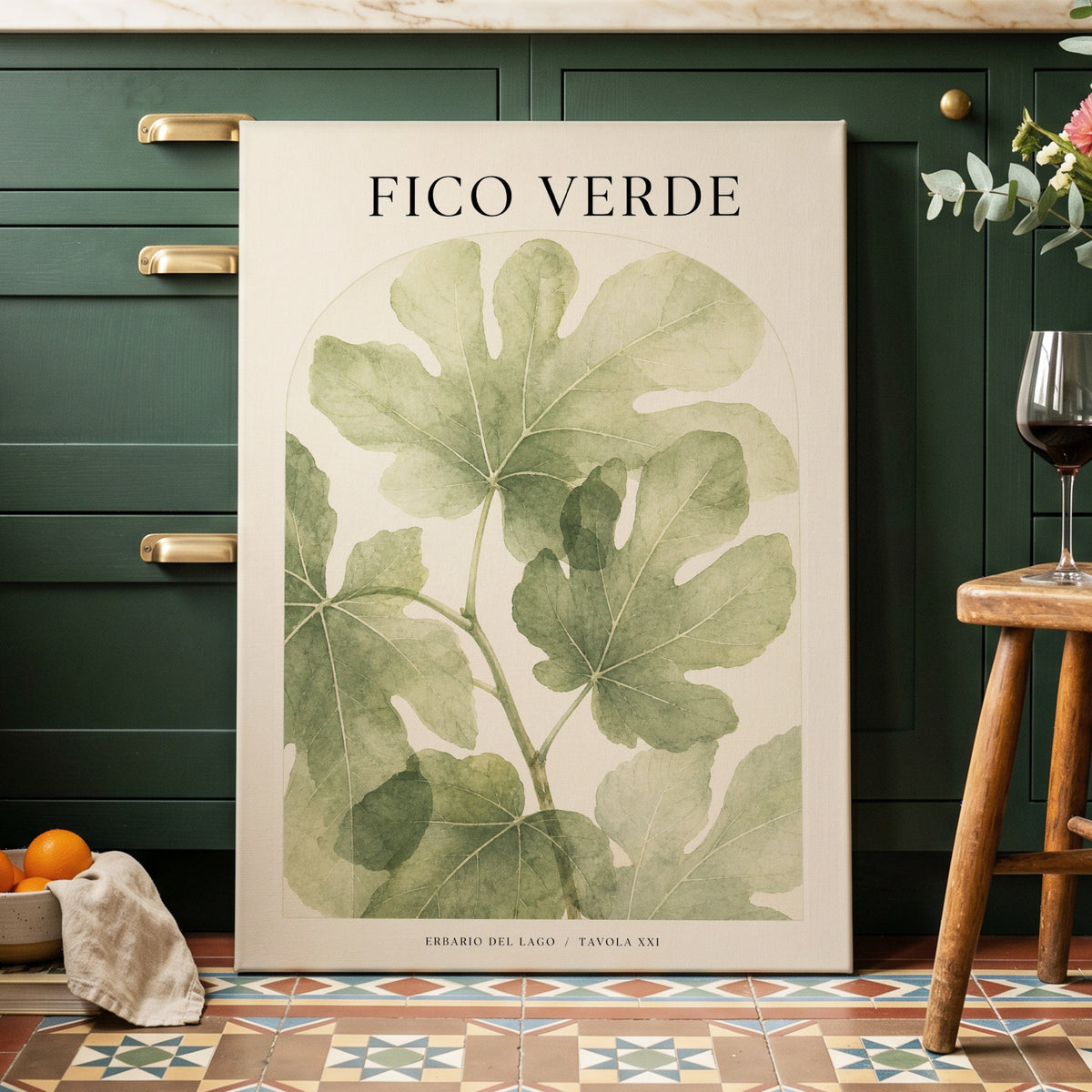 Fico Verde Study, green, beige nature wall art on canvas displayed in a styled interior, gallery view 1