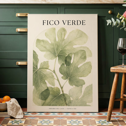 Fico Verde Study, green, beige nature wall art on canvas displayed in a styled interior, gallery view 1