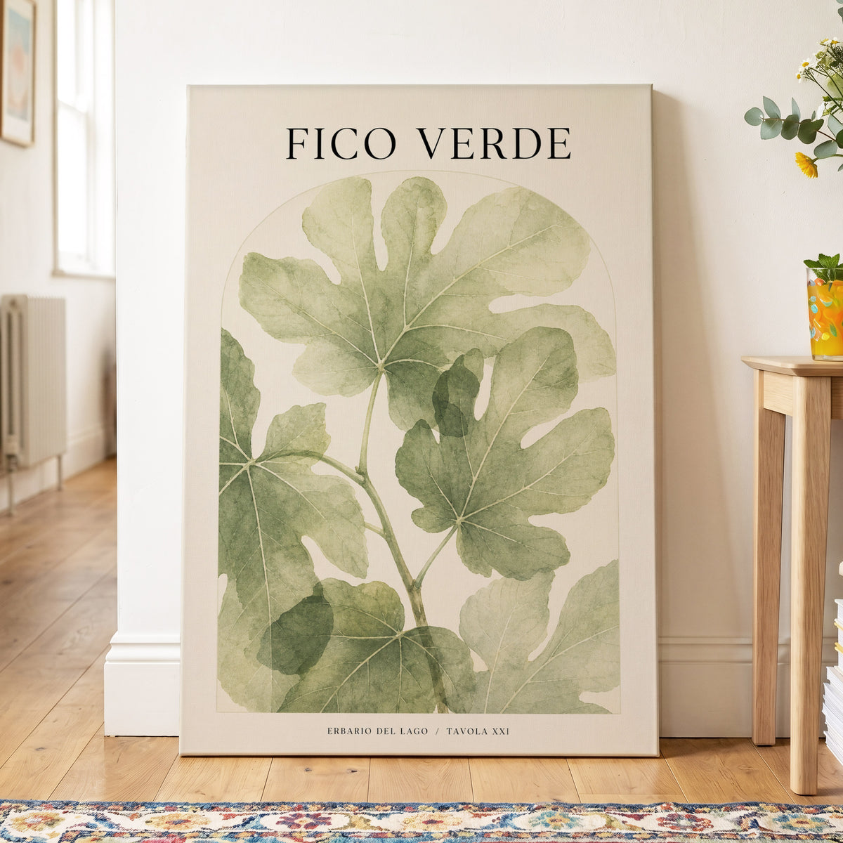 Fico Verde Study, green, beige nature wall art on canvas displayed in a styled interior, gallery view 2