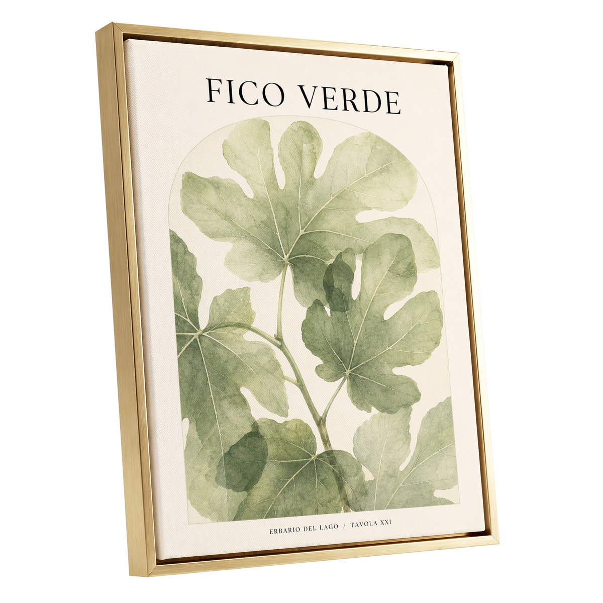 Fico Verde Study, green, beige nature wall art shown as a gold framed canvas wall art