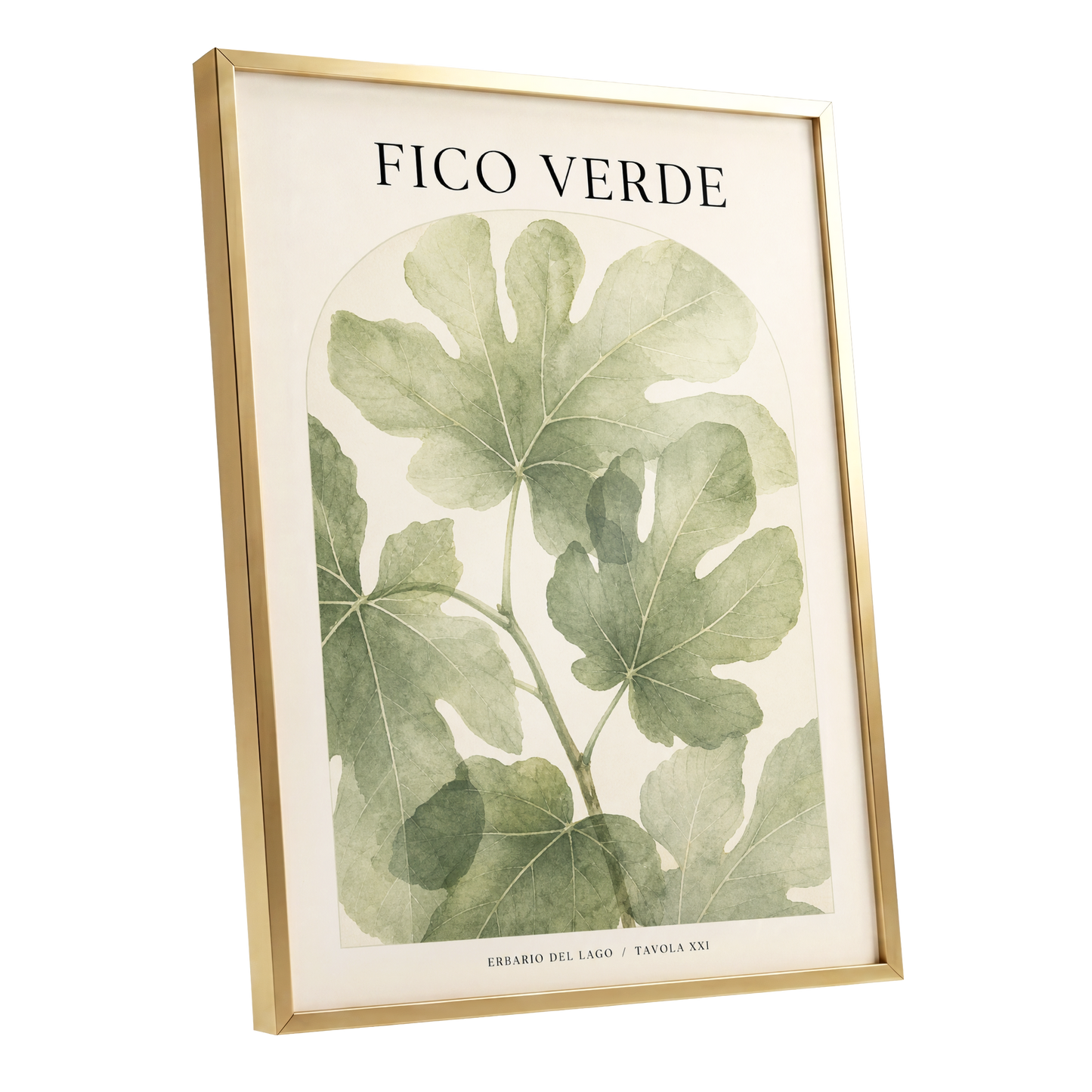 Fico Verde Study, green, beige nature wall art shown as a gold framed poster wall art print
