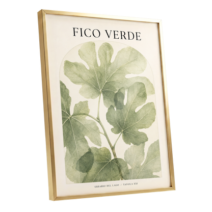 Fico Verde Study, green, beige nature wall art shown as a gold framed poster wall art print