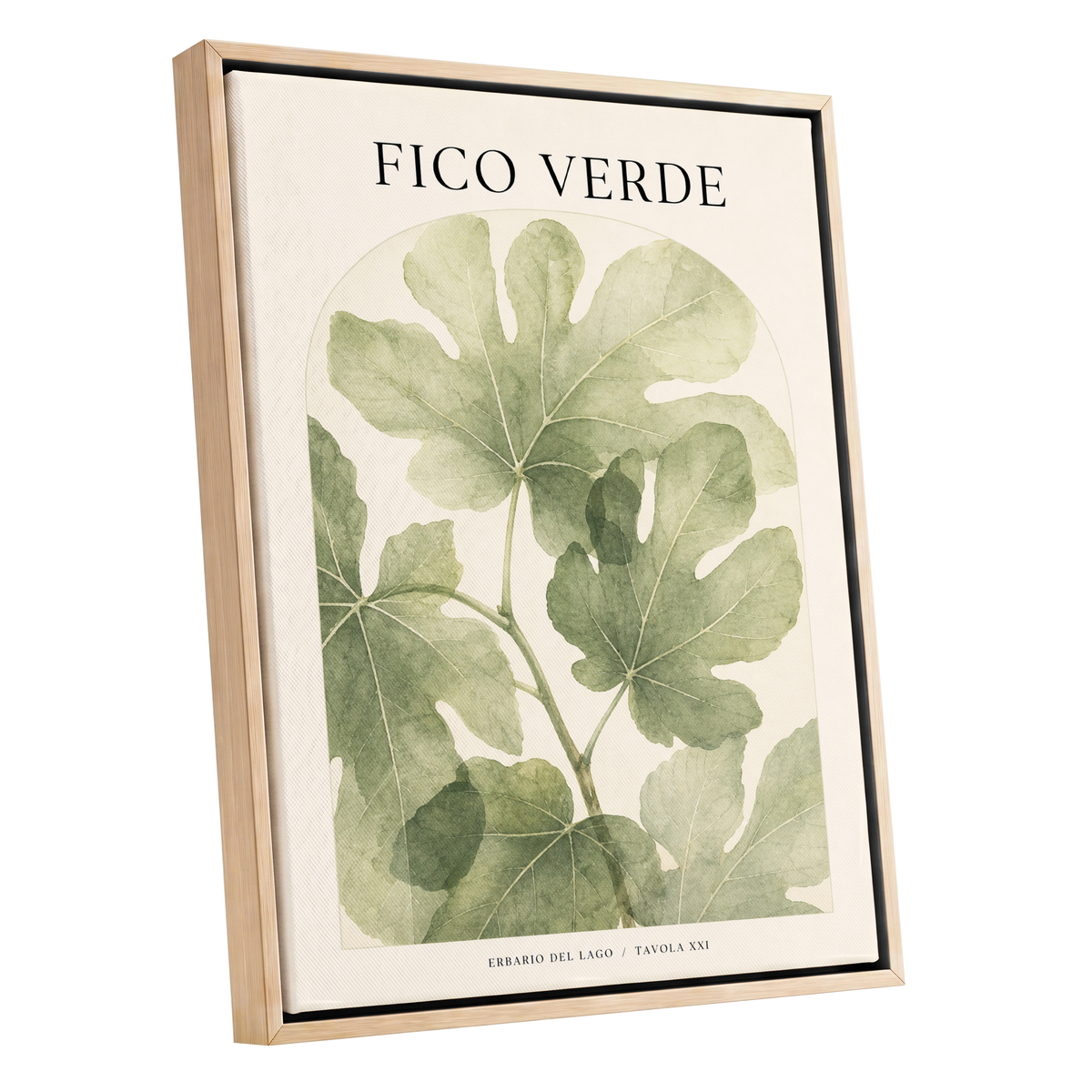 Fico Verde Study, green, beige nature wall art shown as a oak framed canvas wall art