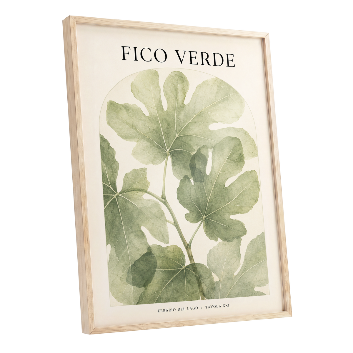 Fico Verde Study, green, beige nature wall art shown as a oak framed poster wall art print