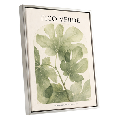 Fico Verde Study, green, beige nature wall art shown as a silver framed canvas wall art