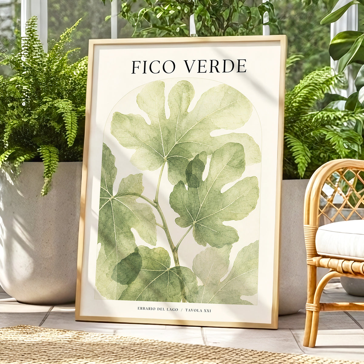 Fico Verde Study, green, beige nature wall art displayed in a styled interior, gallery view 1