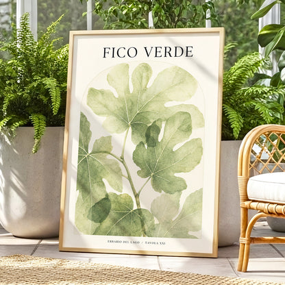 Fico Verde Study, green, beige nature wall art displayed in a styled interior, gallery view 1