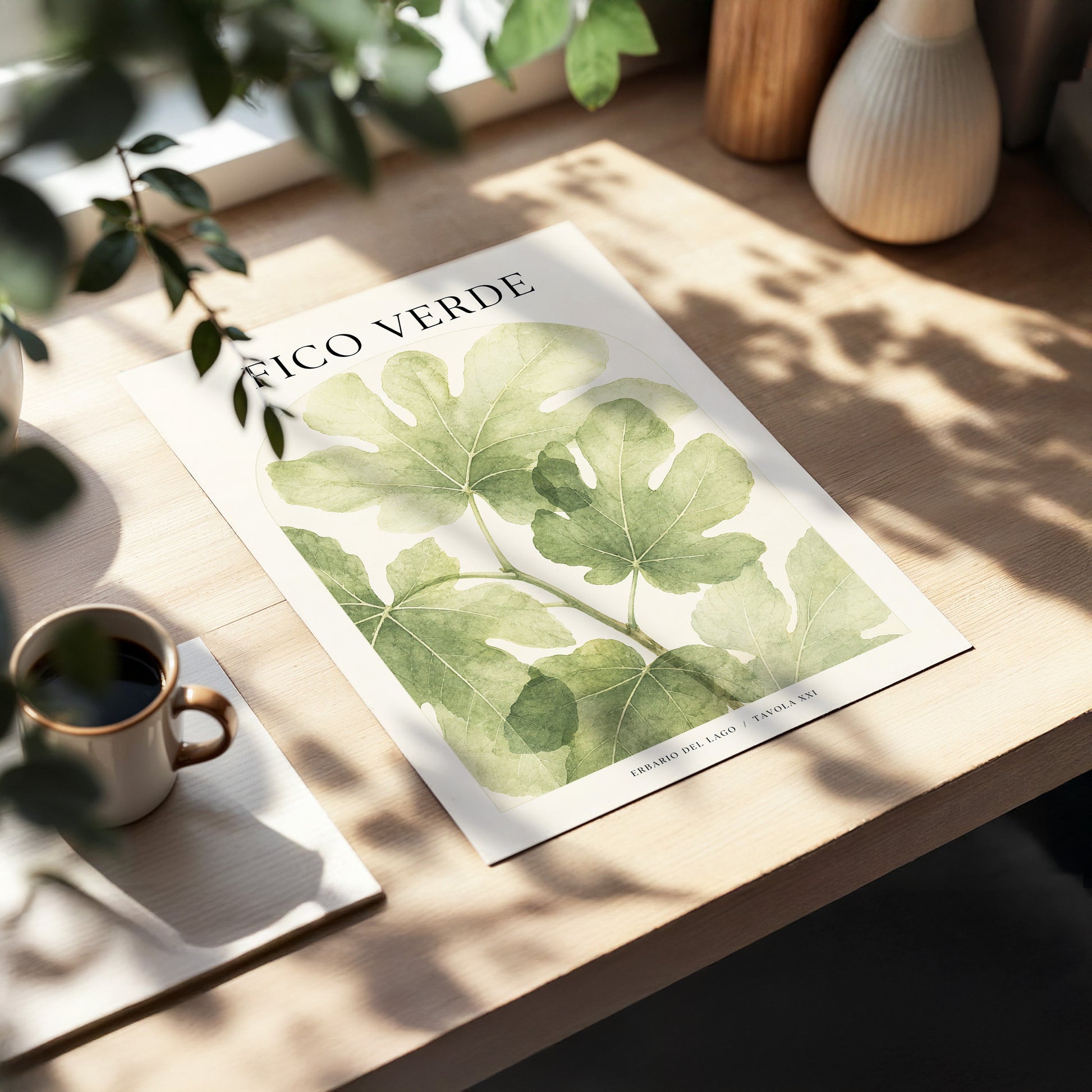 Fico Verde Study, green, beige nature wall art displayed in a styled interior, gallery view 3