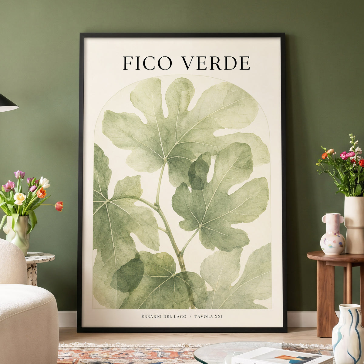 Fico Verde Study, green, beige nature wall art displayed in a styled interior, gallery view 4
