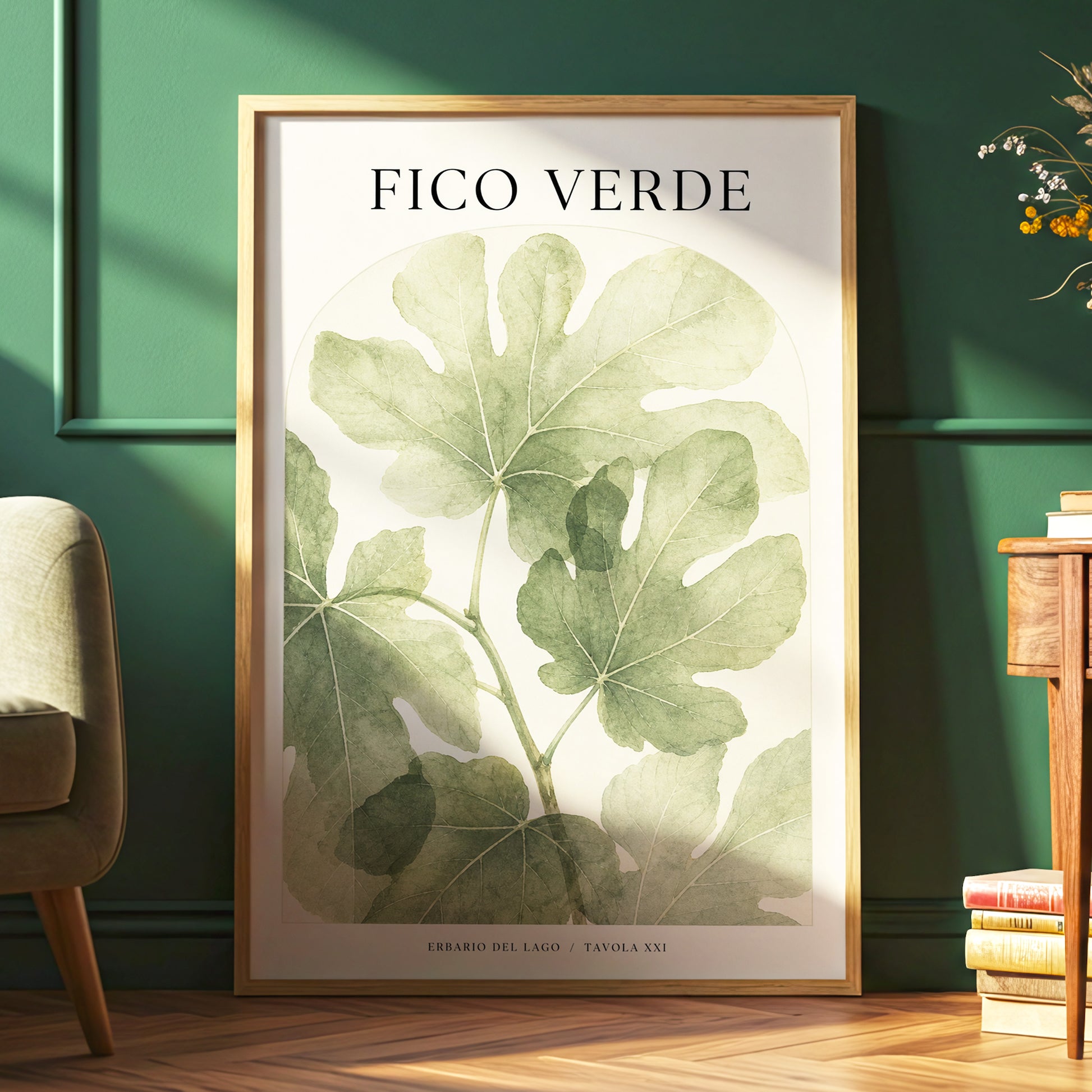 Fico Verde Study, green, beige nature wall art displayed in a styled interior, gallery view 6
