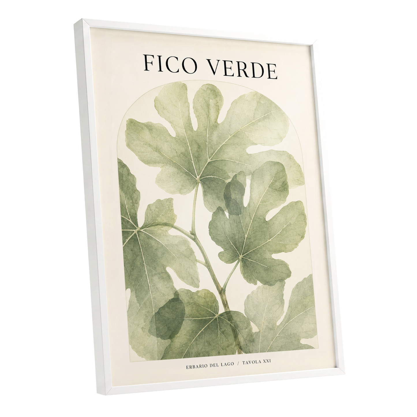 Fico Verde Study, green, beige nature wall art shown as a white framed poster wall art print
