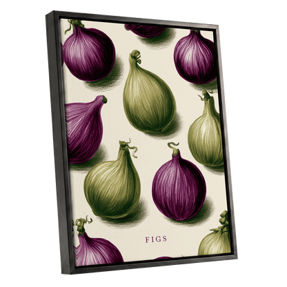 Fig Orchard Study, purple, green, beige nature wall art shown as a black framed canvas wall art