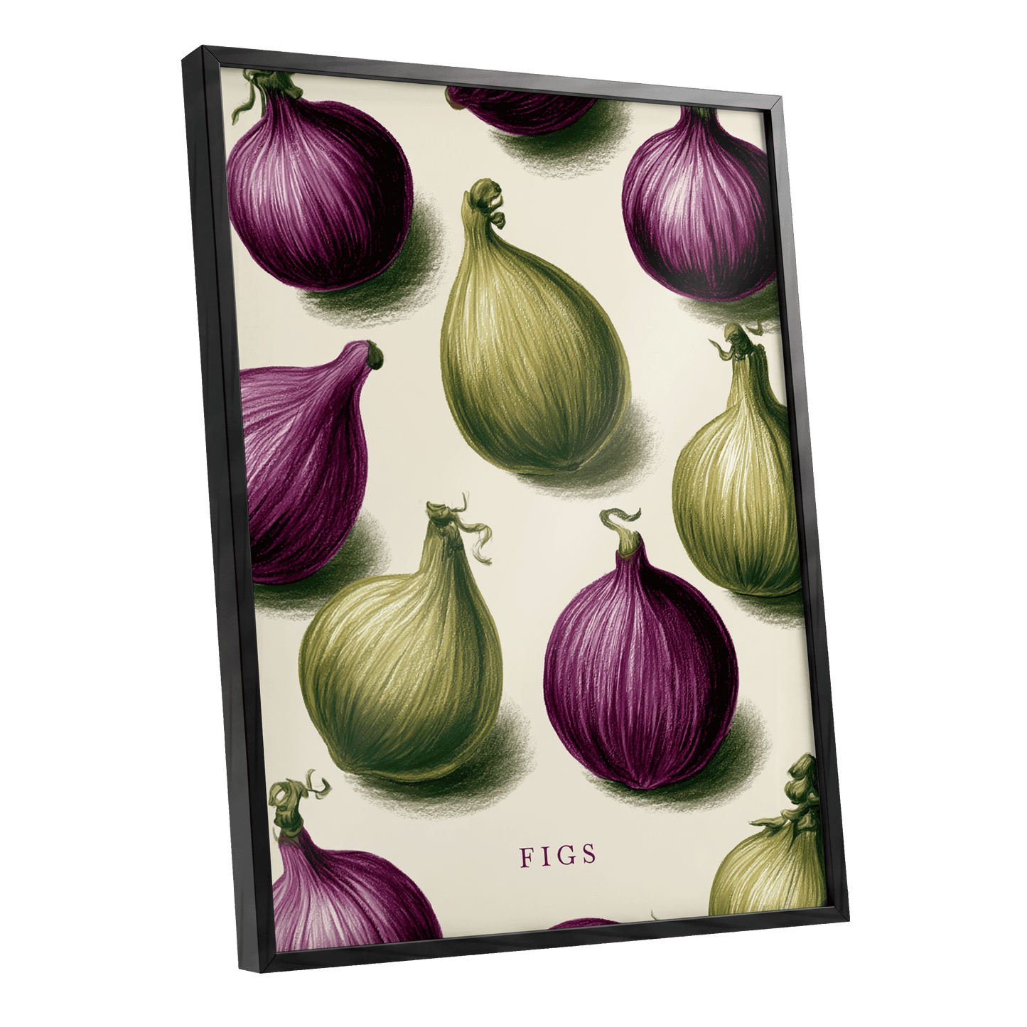 Fig Orchard Study, purple, green, beige nature wall art shown as a black framed poster wall art print