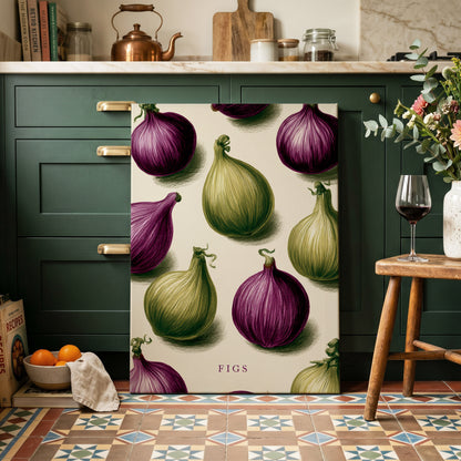 Fig Orchard Study, purple, green, beige nature wall art on canvas displayed in a styled interior, gallery view 1