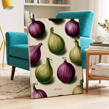 Fig Orchard Study, purple, green, beige nature wall art on canvas displayed in a styled interior, gallery view 2