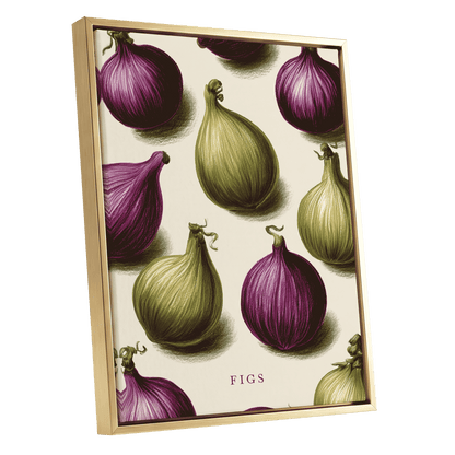 Fig Orchard Study, purple, green, beige nature wall art shown as a gold framed canvas wall art