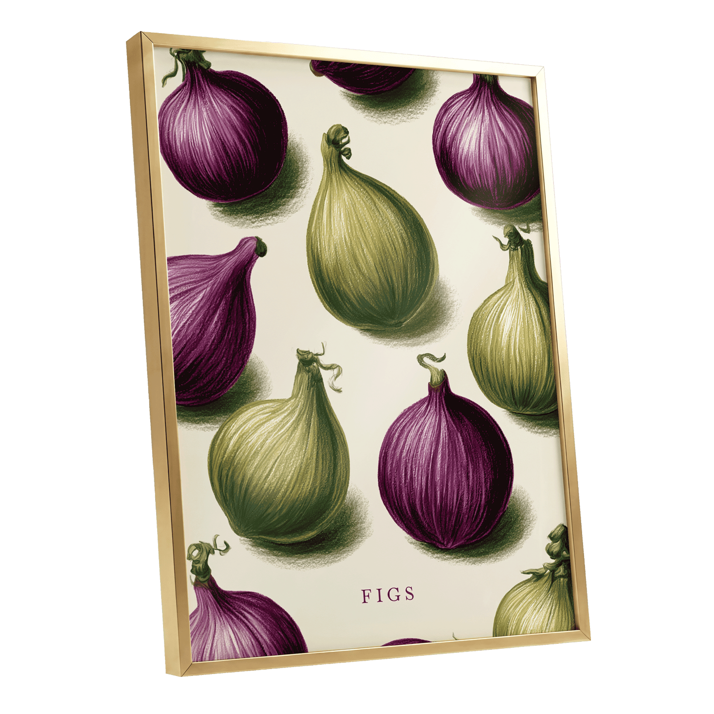 Fig Orchard Study, purple, green, beige nature wall art shown as a gold framed poster wall art print