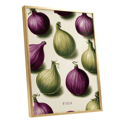 Fig Orchard Study, purple, green, beige nature wall art shown as a gold framed poster wall art print