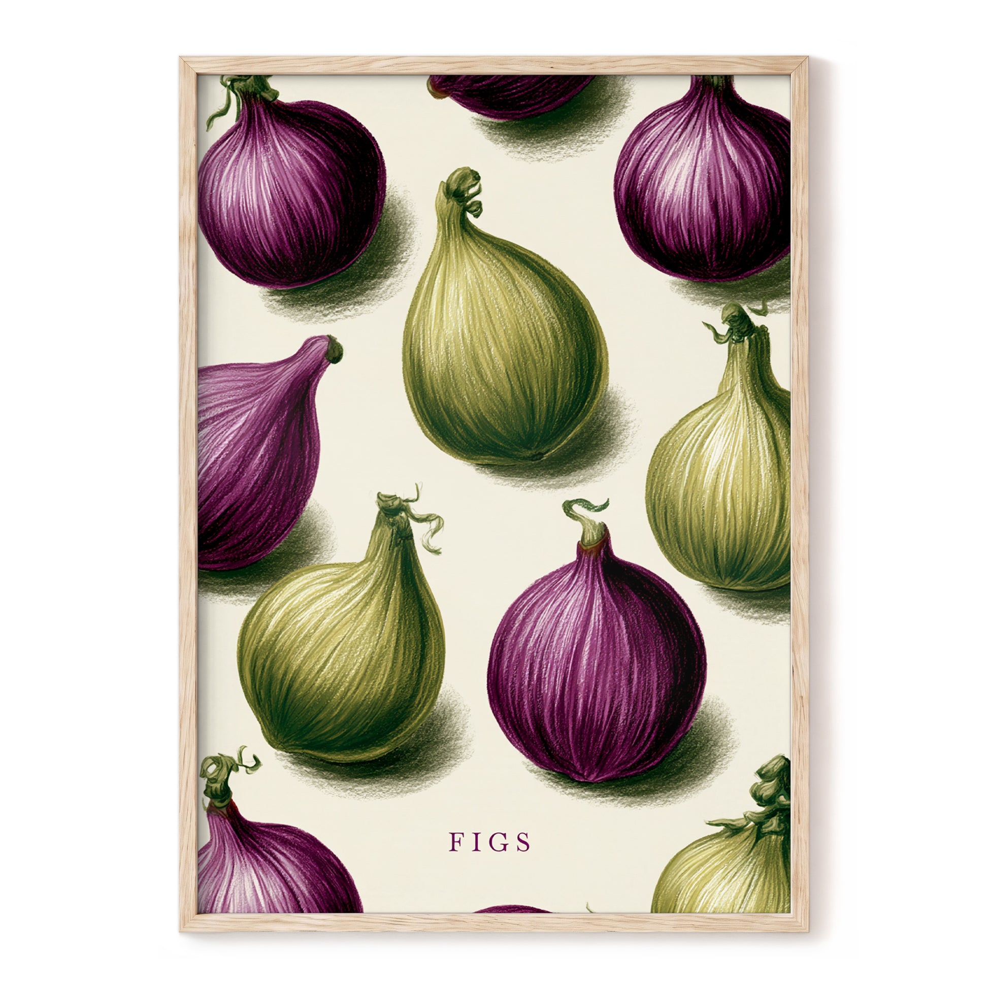 Fig Orchard Study, purple, green, beige nature wall art, front artwork view