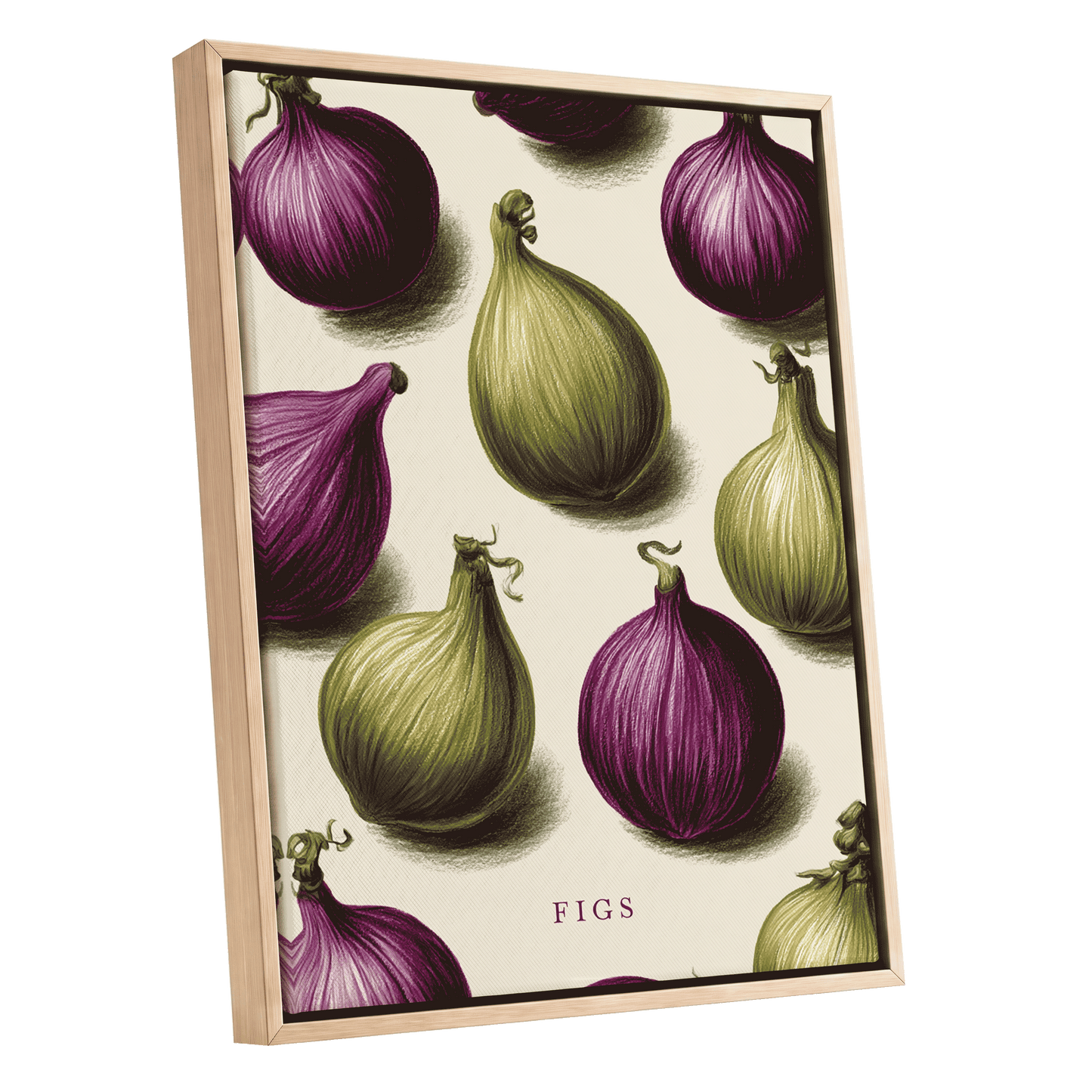 Fig Orchard Study, purple, green, beige nature wall art shown as a oak framed canvas wall art