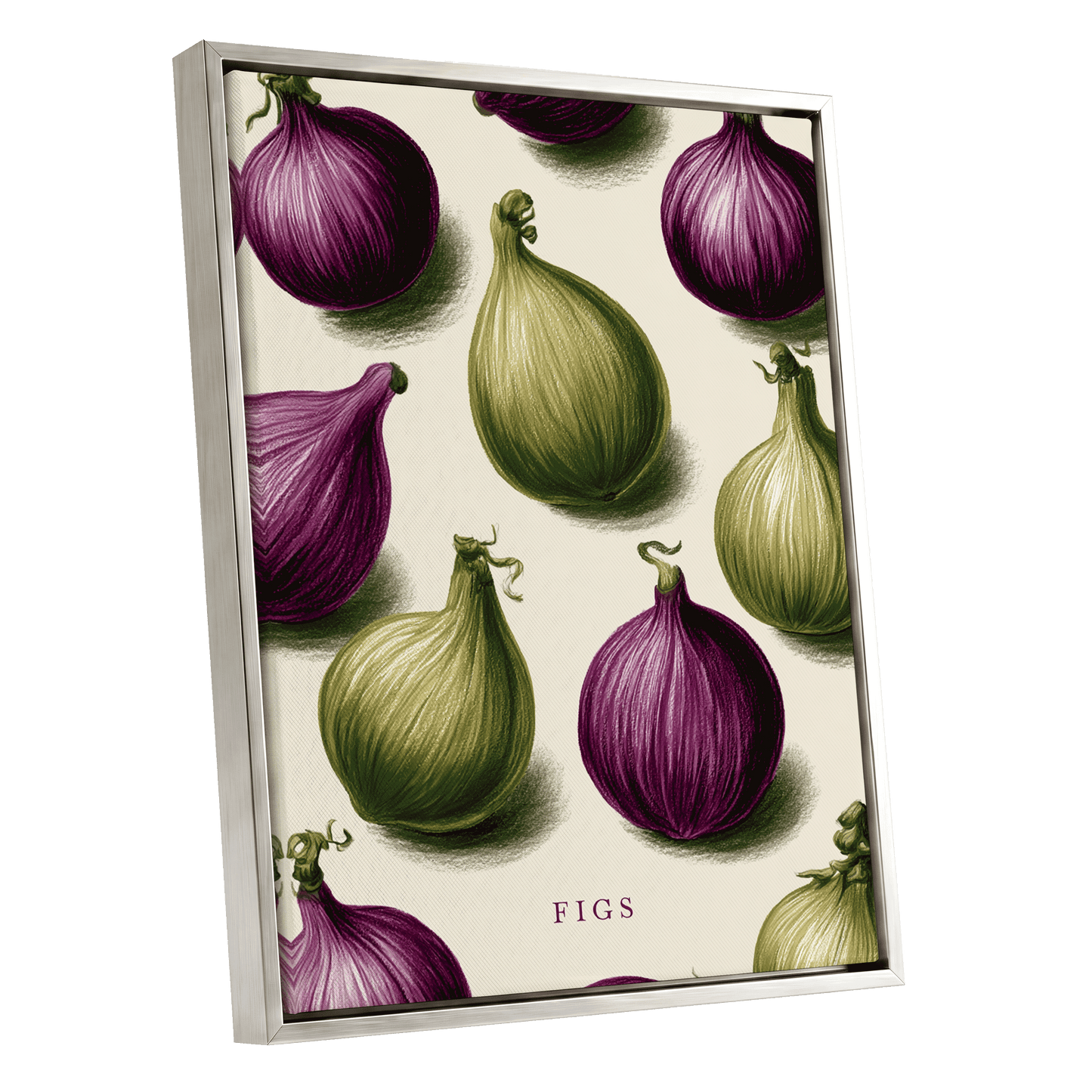 Fig Orchard Study, purple, green, beige nature wall art shown as a silver framed canvas wall art