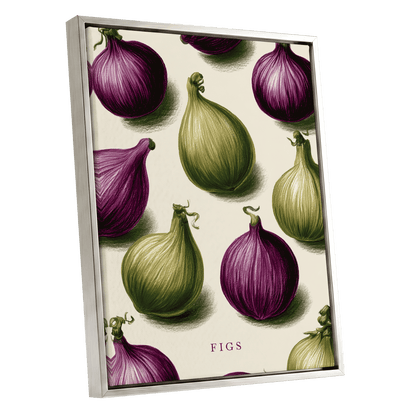 Fig Orchard Study, purple, green, beige nature wall art shown as a silver framed canvas wall art