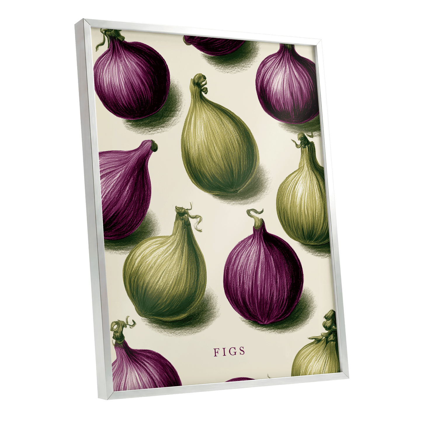 Fig Orchard Study, purple, green, beige nature wall art shown as a silver framed poster wall art print