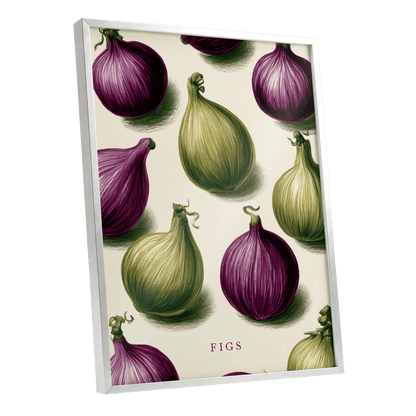 Fig Orchard Study, purple, green, beige nature wall art shown as a silver framed poster wall art print