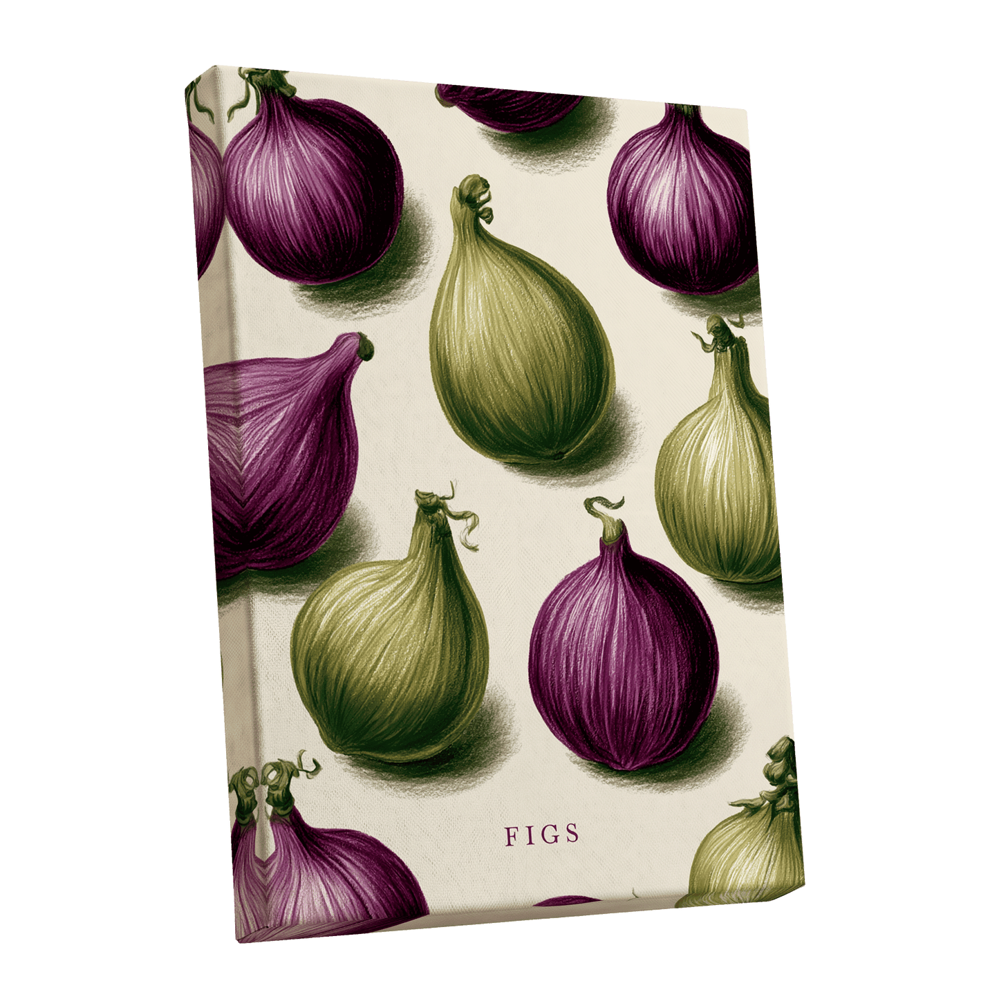 Fig Orchard Study, purple, green, beige nature wall art shown as a stretched canvas wall art