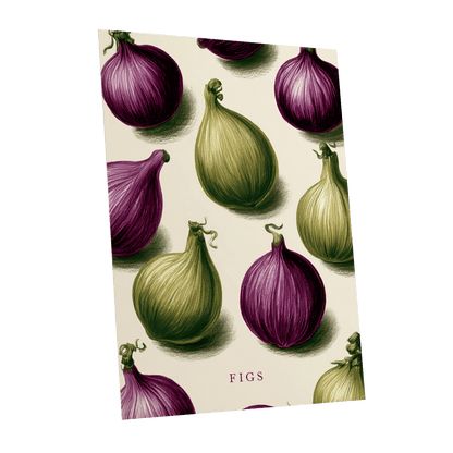 Fig Orchard Study, purple, green, beige nature wall art shown as a unframed poster wall art print