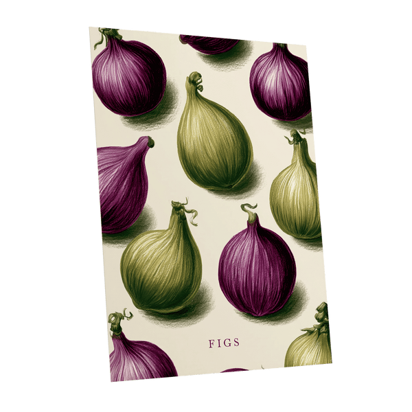 Fig Orchard Study, purple, green, beige nature wall art shown as a unframed poster wall art print