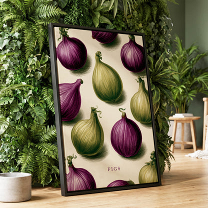 Fig Orchard Study, purple, green, beige nature wall art displayed in a styled interior, gallery view 1